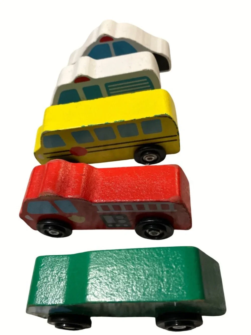 Wooden Toy Vehicle Set  Police Fire Ambulance Bus Garbage Truck